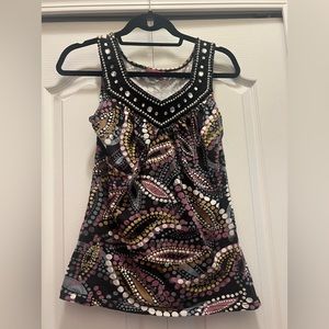 Joyous& Free tank  with black beads , pearls and rhinestones around neckline